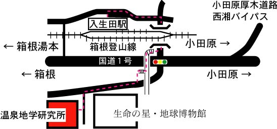 入生田駅改札を出て右へ曲がり、約90m先にある一つ目の交差点をさらに右折します。箱根登山線のガード下をくぐると、国道一号線の「生命の星・地球博物館前交差点」に出ます。横断歩道もしくは歩道橋を渡り、博物館の前に出ると、博物館の横を通る道があります。そこを右に曲がって250mほど進むと左へ曲がる道があり、左前方が温泉地学研究所です。一旦左へ曲がり、すぐ右に正門があります。正門付近は僅かに上りのスロープになっています。正門から40m程度進んだ左側が、建物の入口となっています。