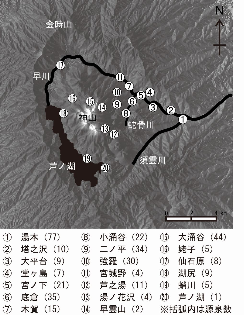 箱根二十湯と各温泉場の源泉数。源泉数は小田原保健福祉事務所による2012年3月末のデータ。