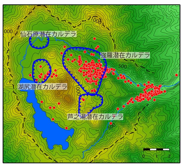 温泉の分布と潜在カルデラ構造。●は源泉を表す。潜在カルデラ構造は4つあると考えられており、基盤岩から湧出する温泉以外は、主に潜在カルデラ構造内に分布する。