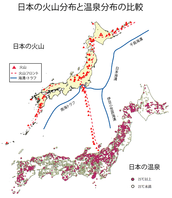 日本の火山分布と温泉分布の比較