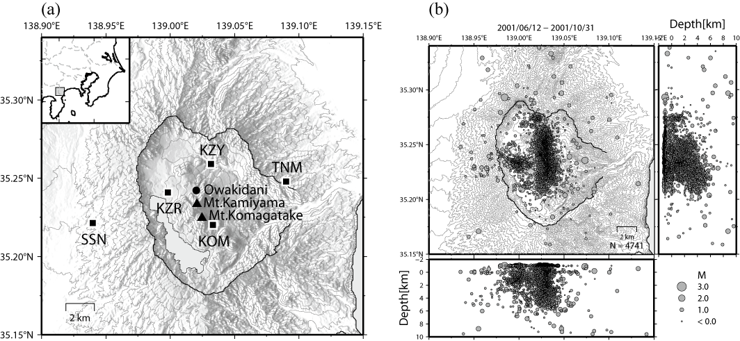 左に傾斜観測点の分布、右に地震の震源分布図があります。