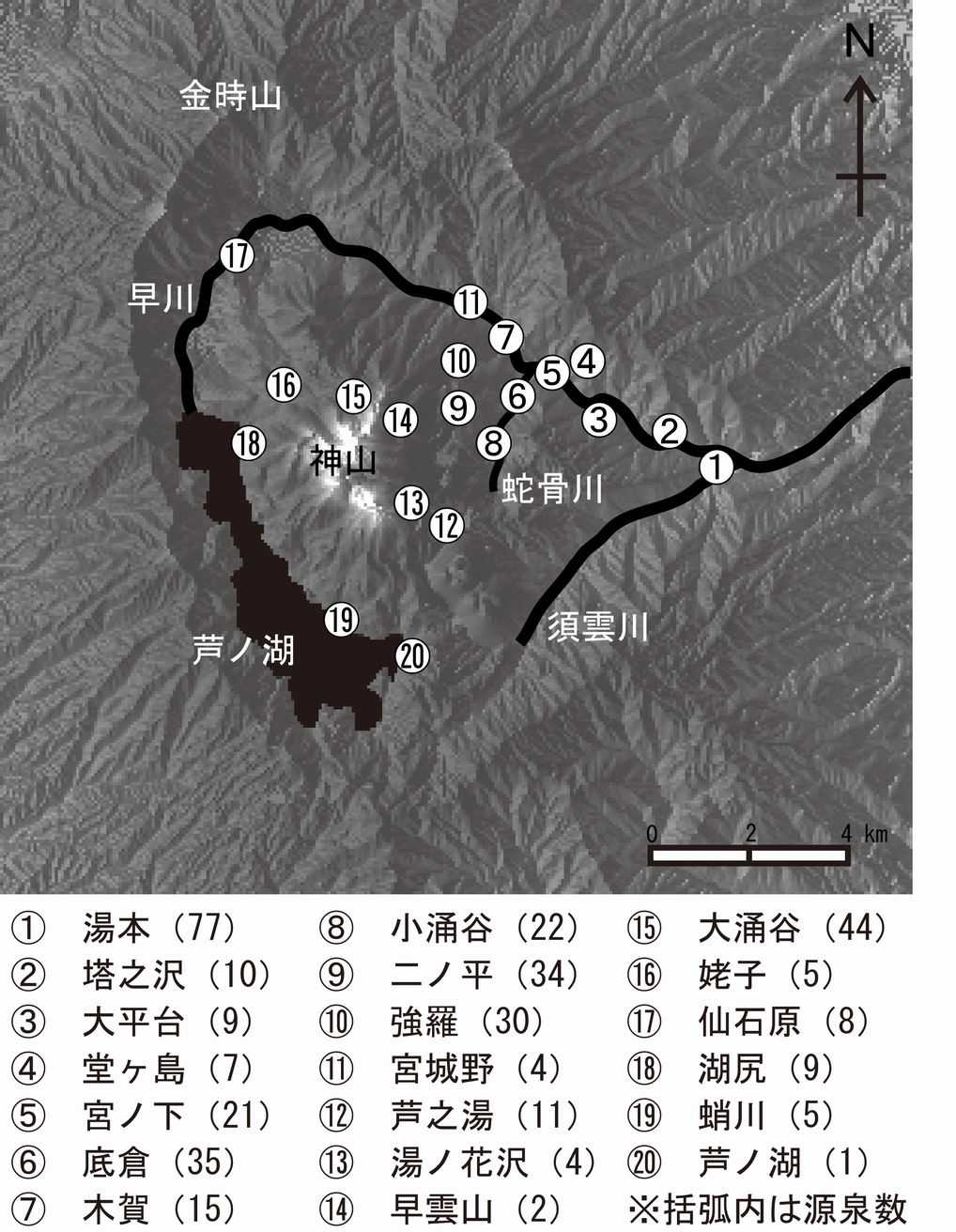 図2　箱根二十湯と各温泉場の源泉数。源泉数は小田原保健福祉事務所による2012年3月末のデータ。