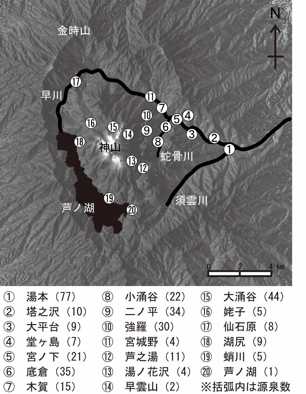 図2　箱根二十湯と各温泉場の源泉数。源泉数は小田原保健福祉事務所による2012年3月末のデータ。