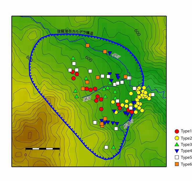 図5　強羅潜在カルデラに湧出する温泉のタイプとその分布。タイプは泉温と陰イオンの比率から分類され、タイプ間の相違は成因の違いを反映している。