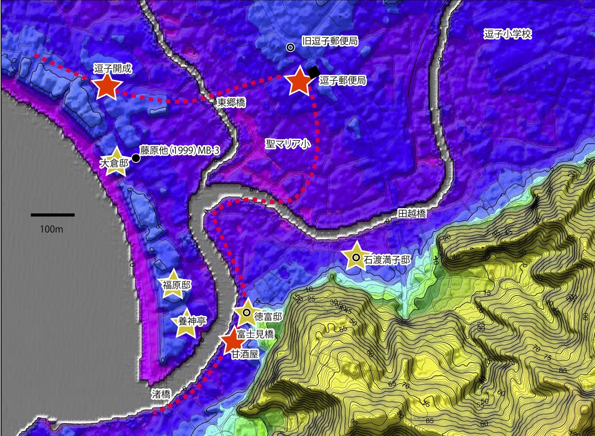 逗子市の海岸付近の地形図、当時の人々が津波の目撃・体験をした場所