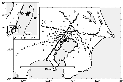 関東地方における地震の観測点の分布が示されています。
