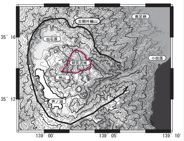 箱根火山と研究流域（赤の点線内）