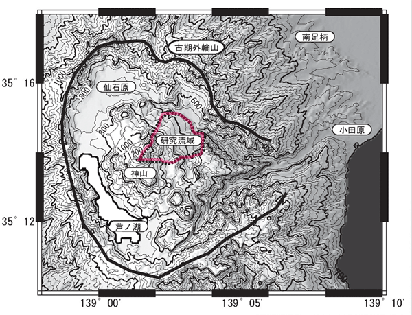 箱根火山と研究流域(赤の点線内)