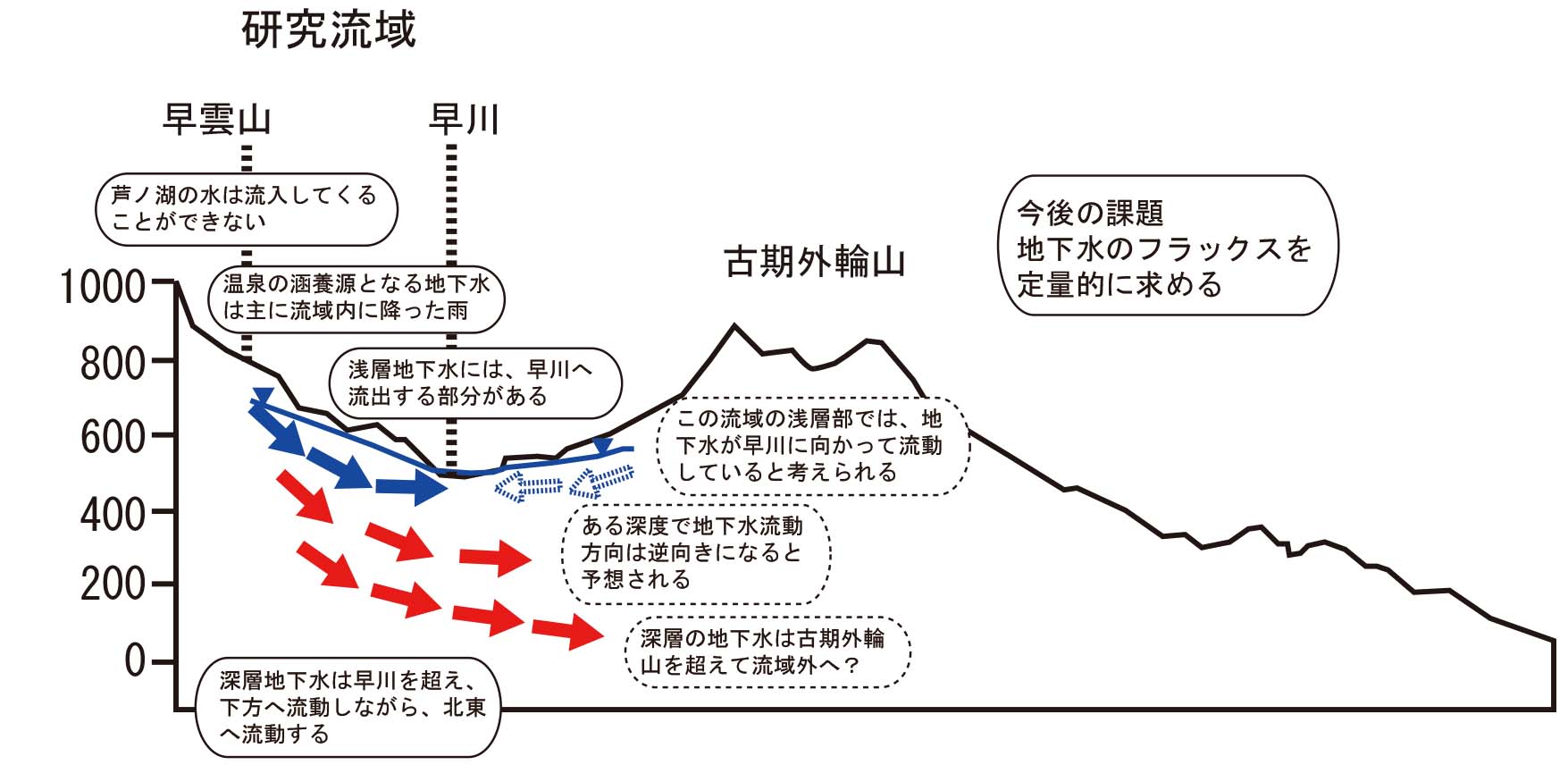 箱根強羅地区周辺における地下水流動の概念図
