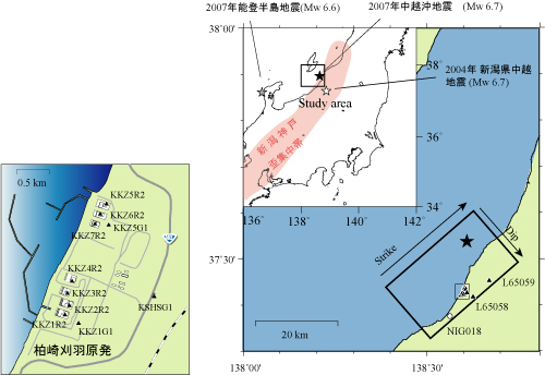 左側に観測点の分布を示した図、右側に震源断層の位置を示した図があります。