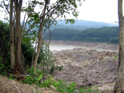 地滑りによって大量の土砂がダム湖に流れ込んでいる