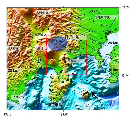 丹沢山地およびその周辺域の地図